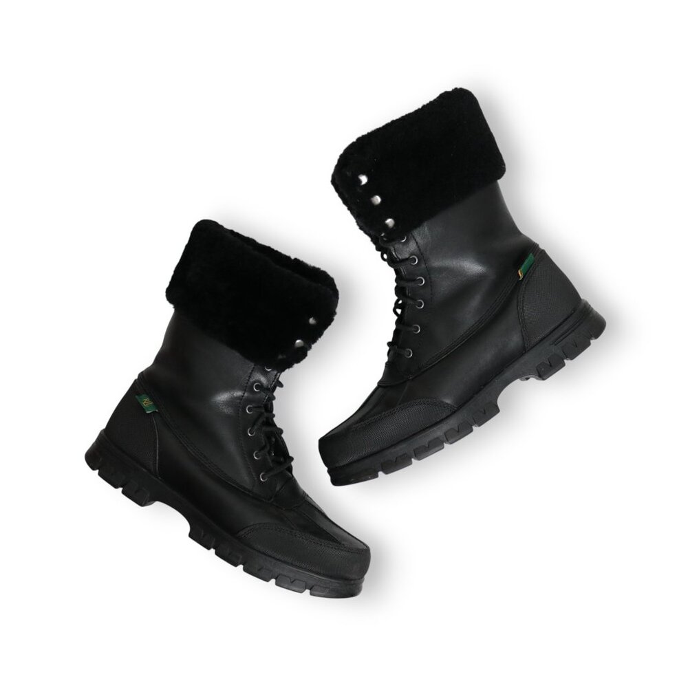 Ralph Lauren Women Black Genuine Leather Shearling Fur Winter Boots Size 8.5